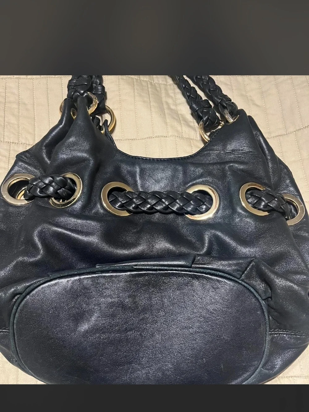 Black Braided Handle Tassel Hobo Bag